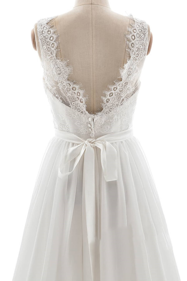 Long V-neck Lace Chiffon Backless A-line Wedding Dress