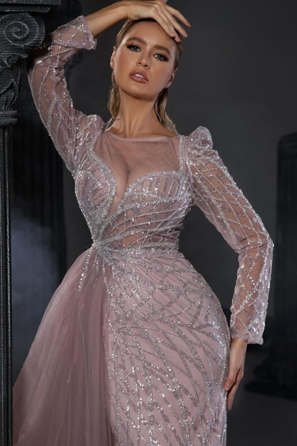 Long Sleeve Mermaid Pink Tulle Sweetheart Prom Dress with Seqins