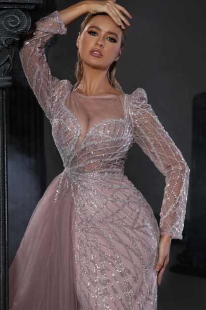 Long Sleeve Mermaid Pink Tulle Sweetheart Prom Dress with Seqins