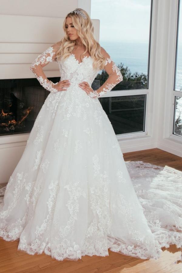 White Long A-line Sweetheart Tulle Lace Long Sleeves Wedding Dress   COCOSBRIDE