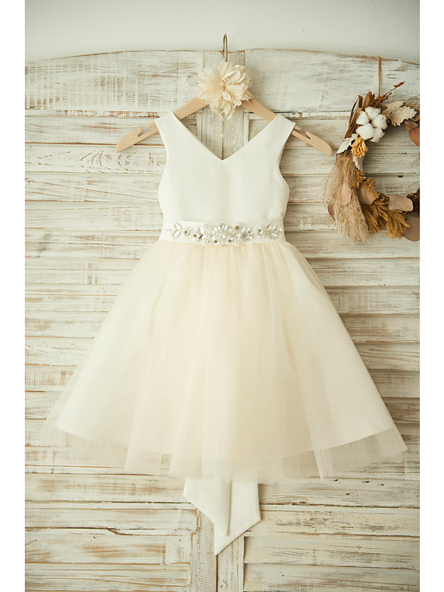 Ball Gown Knee Length Wedding / Birthday / Pageant Flower Girl Dresses - Satin / Tulle Sleeveless V Neck With Bows / Belt / Beading