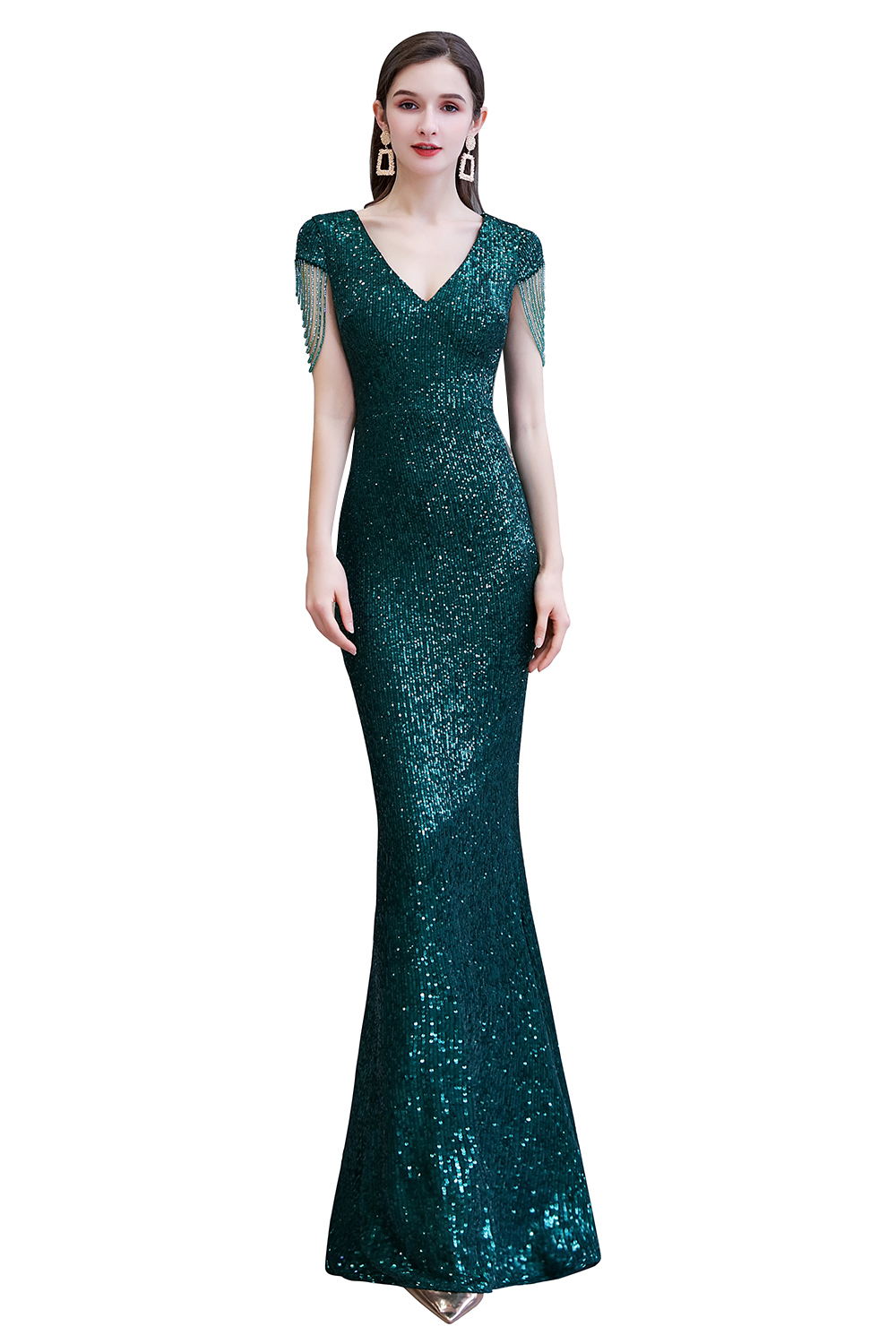 Elegant Cap Sleeve Green Sequins Long Prom Dress