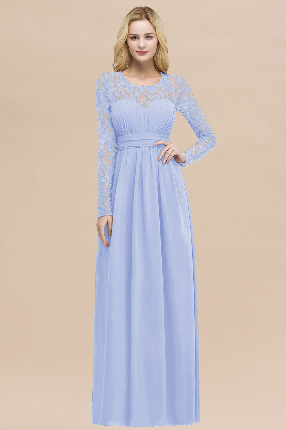 Elegant A-Line Chiffon Jewel Long Sleeves Ruffles Floor-Length Bridesmaid Dresses