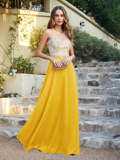 Elegant Long A-line Chiffon Sleeveless Tulle Lace Appliques Prom Dress
