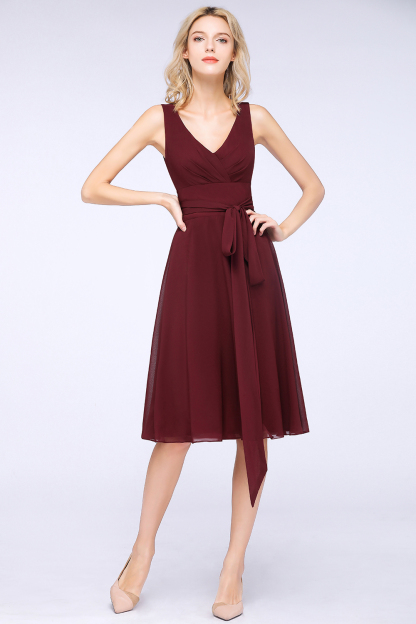 A-Line Chiffon Straps V-Neck Sleeveless Ruffles Knee-Length Bridesmaid Dress with Bow Sash