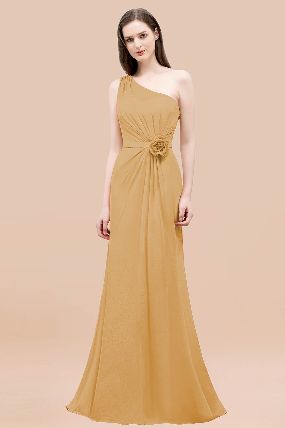 Mermaid Chiffon One-shoulder Sleeveless Ruffled Floor-Length Bridesmaid Dresses with Flower