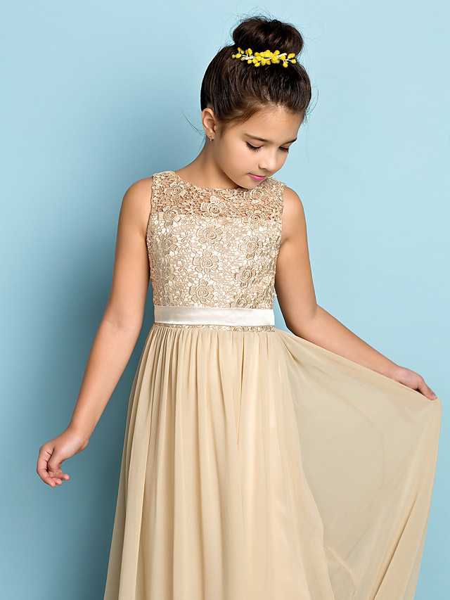A-Line Scoop Neck Floor Length Chiffon / Lace Junior Bridesmaid Dress With Lace / Natural / Mini Me