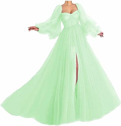 Awesome Long Sleeves A-line Sweetheart Tulle Prom Dress with Slit