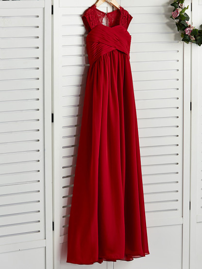 A-Line Square Neck Floor Length Chiffon Junior Bridesmaid Dress With Lace / Ruching
