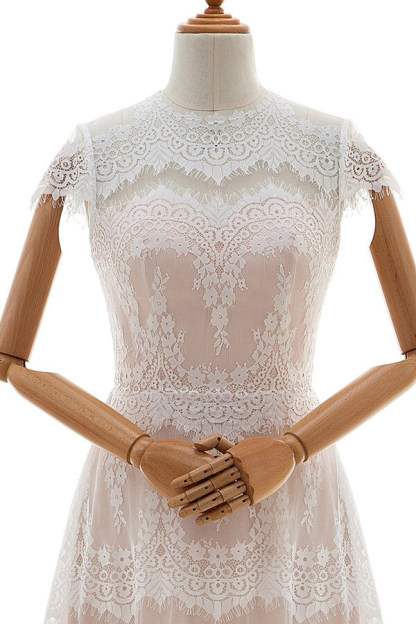 Long Tulle Sleek Cap Sleeves Lace A-line Wedding Dress