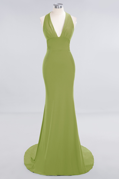 Elegant Halter Deep V-neck Open Back Floor-length Mermaid Prom Dress
