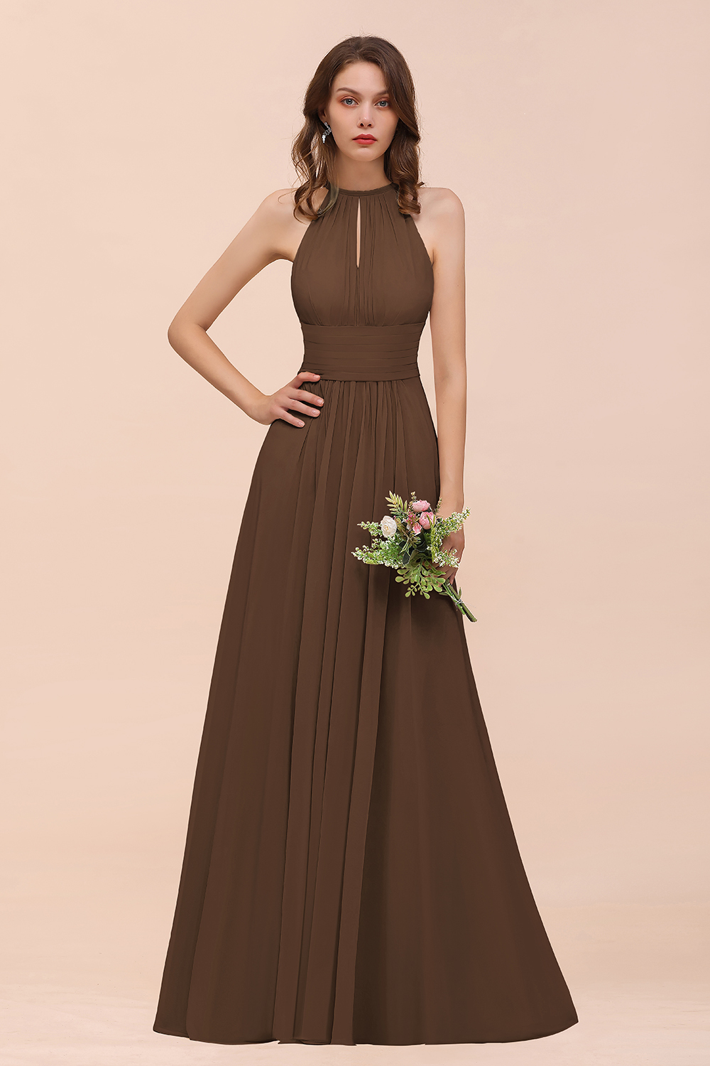 Elegant Long A-Line Jewel Ruffle Chiffon Champagne Bridesmaid Dress