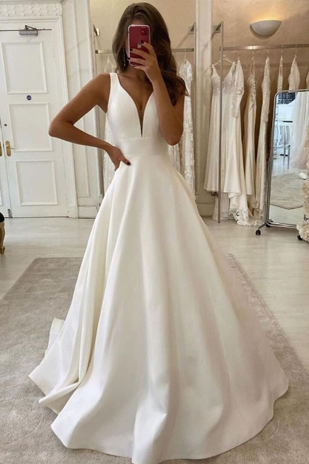 Elegant Long Wide Straps V-neck Ruffles Floor-length A-Line Satin Wedding Dress