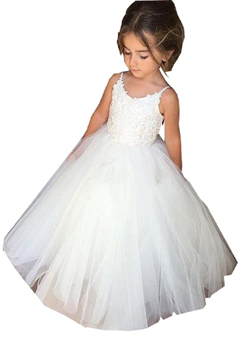 Long Tulle Lace Square Neckline Sleeveless Ball Gown Flower Girls Dress