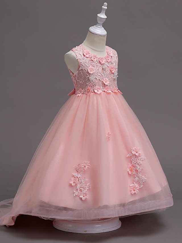 White Ball Gown Knee Length Tulle Appliques Lace Flower Girl Dress