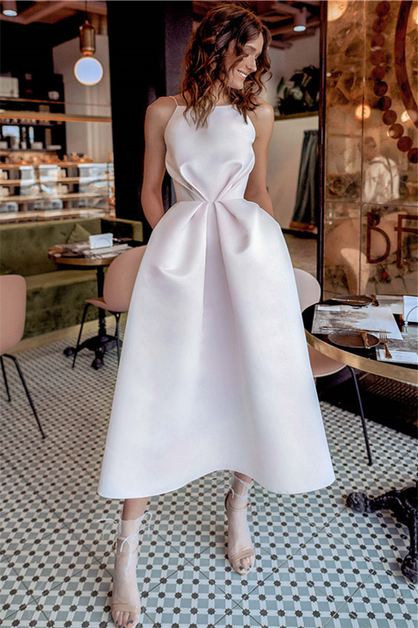 Fascinating Short A-line Spaghetti Straps Satin Prom Dress with Pockets