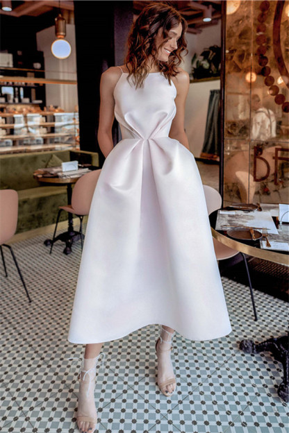 Fascinating Short A-line Spaghetti Straps Satin Prom Dress with Pockets