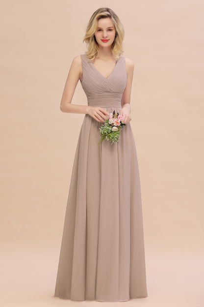 Elegant A-line V-Neck Ruffles Long Bridesmaid Dress