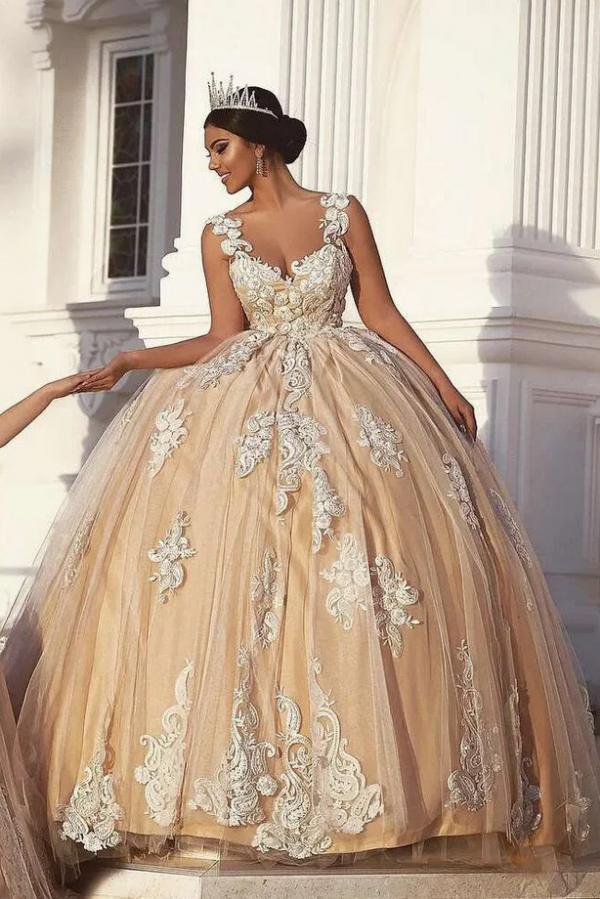 Elegant Ball Gown Off The Shoulder V Neck Tulle Appliques Lace Long Wedding Dress
