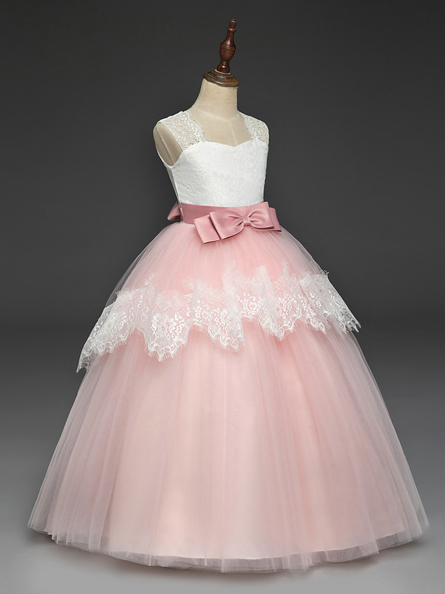 Long A-line Tulle Lace Sleeveless Flower Girl Dresses with Bow