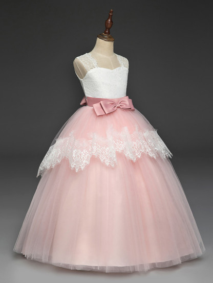 Long A-line Tulle Lace Sleeveless Flower Girl Dresses with Bow