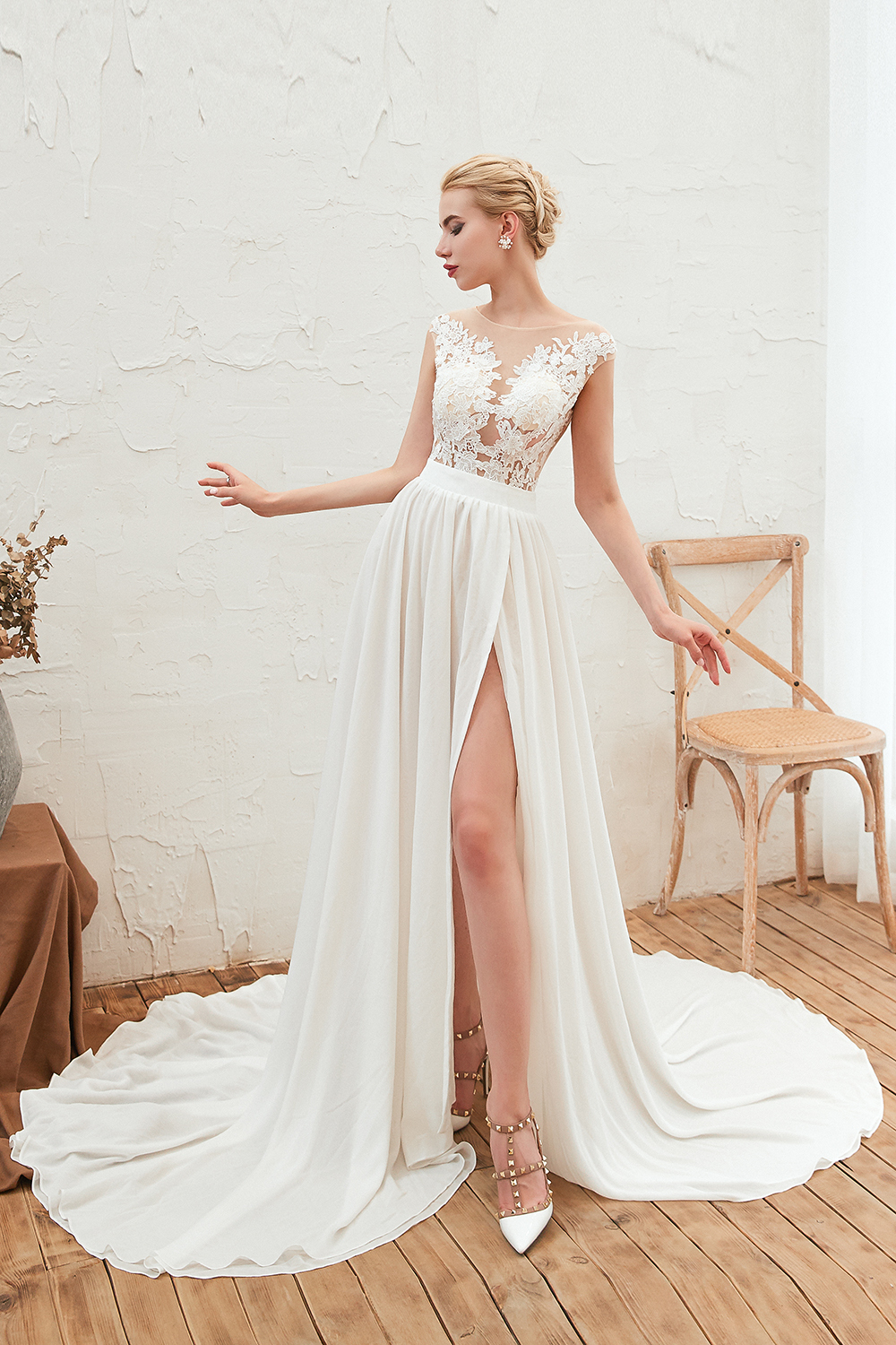 Long Tulle High Slit Appliques Lace Chiffon A-line Wedding Dress
