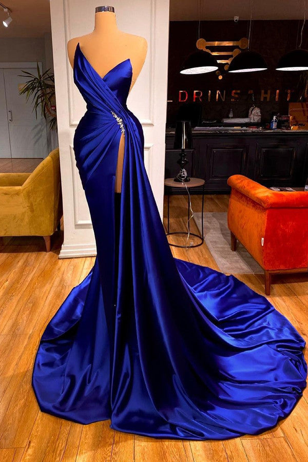 royal blue dress v neck Royal Blue Strapless V-Neck Pleated Long Prom Dress with Slit – Modsele main image 0