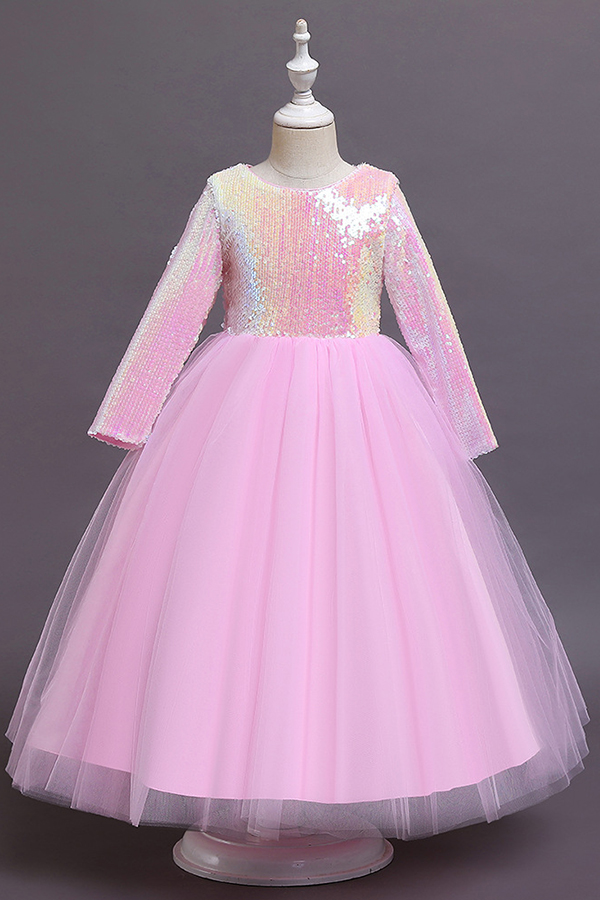 FS9969 Long Sleeve Sequins Tea Length Flower Girl Dress