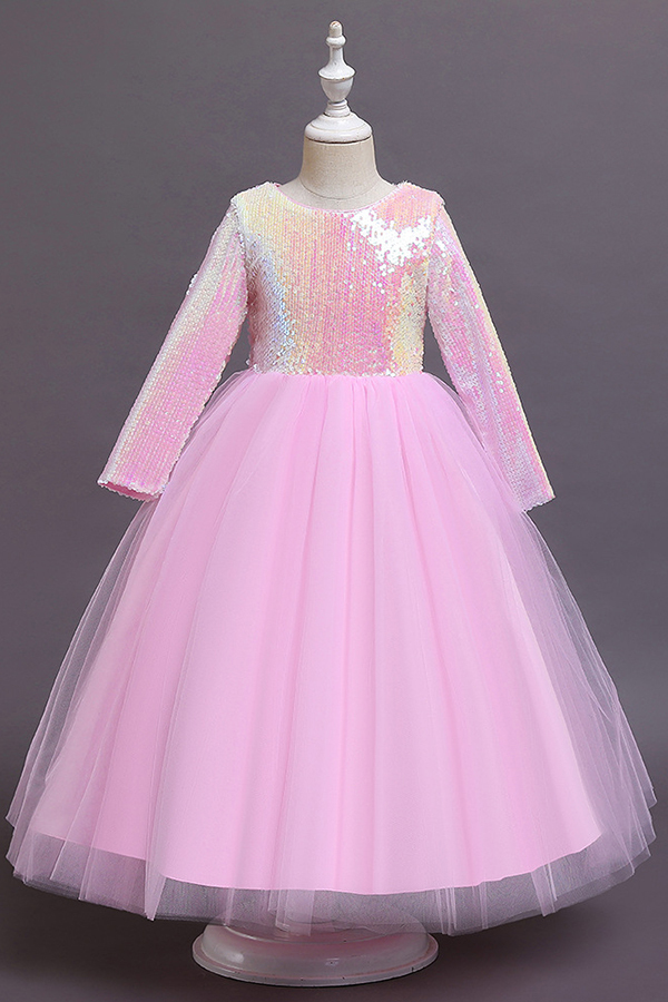 FS9969 Long Sleeve Sequins Tea Length Flower Girl Dress
