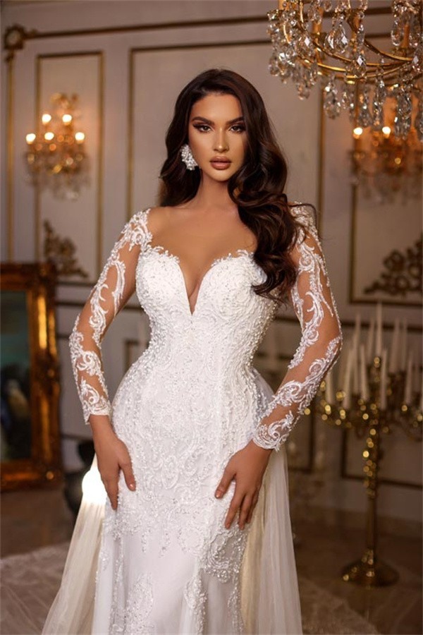 Charming Long Mermaid Sweetheart Tulle Lace Wedding Dress with Sleeves