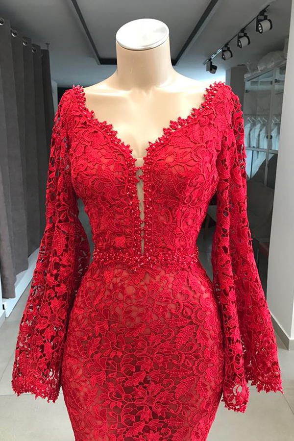 Stunning V-neck Long Sleeves Lace Floor-length Mermaid Prom Dress