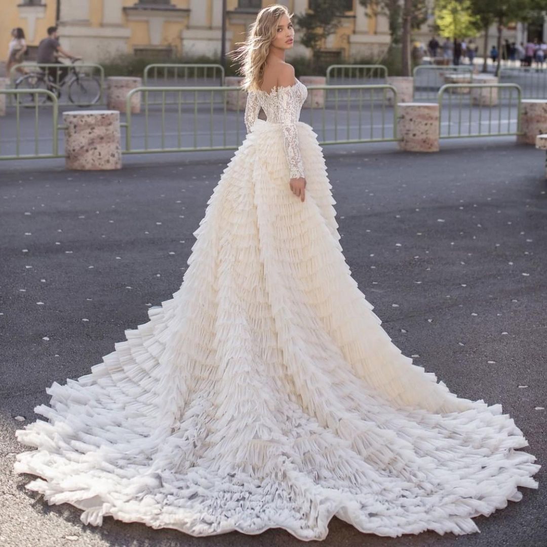 Long Sleeves Off the Shoulder Tulle Mermaid Wedding Dress With Train