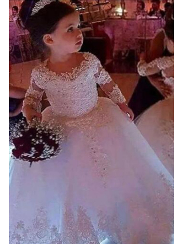Ball Gown Floor Length Wedding Flower Girl Dresses - Lace Long Sleeve Jewel Neck With Appliques / Solid