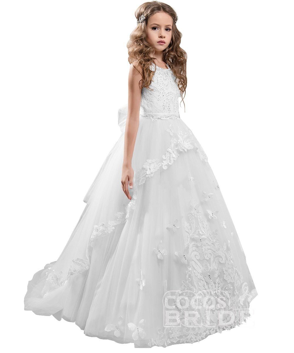 White Scoop Neck Sleeveless Ball Gown Flower Girls Dress