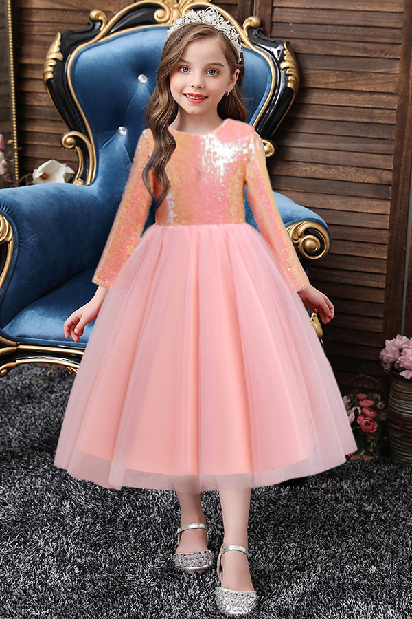 FS9969 Long Sleeve Sequins Tea Length Flower Girl Dress