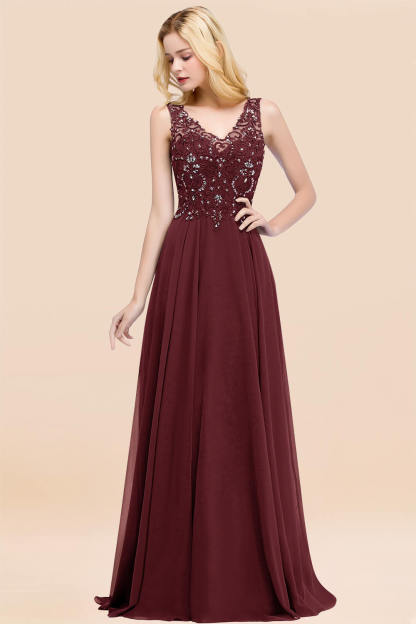 A-line Chiffon Appliques V-neck Sleeveless Floor-Length Bridesmaid Dresses with Crystals