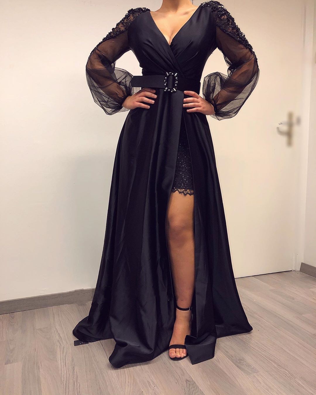 Unique Black A-line Floor-length V-neck Long Sleeve Backless Satin Beading Prom Dress With Slit