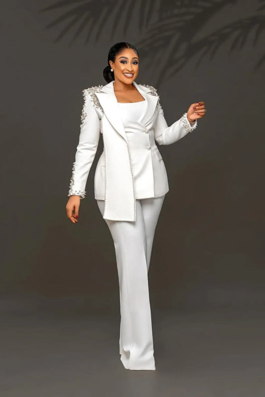 Costume Made Peaked Beaded Women's Business Blazer Pant Suit Set Mother Of The Bride Outfits