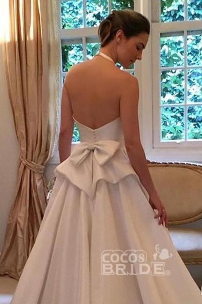 Simple Long A Line Halter Satin Backless Sleeveless Wedding Dress with Bow