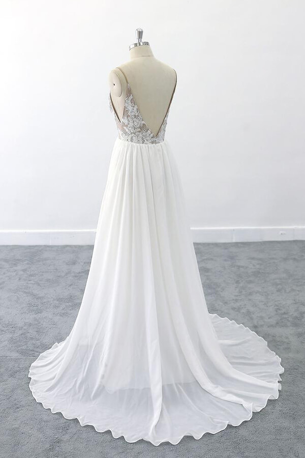 Elegant Long V-neck Lace Chiffon A-line Open Back Wedding Dress