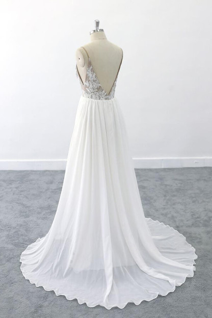 Elegant Long V-neck Lace Chiffon A-line Open Back Wedding Dress