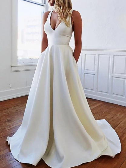 Long A-line V-neck Satin Sleeveless Wedding Dresses with Pockets