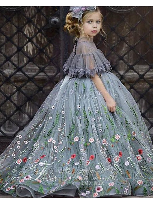Ball Gown Sweep / Brush Train Wedding Flower Girl Dresses - Tulle Short Sleeve Jewel Neck With Appliques