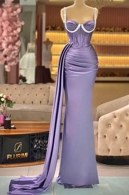 Elegant Long Mermaid Sweetheart Beadings Satin Prom Dresses