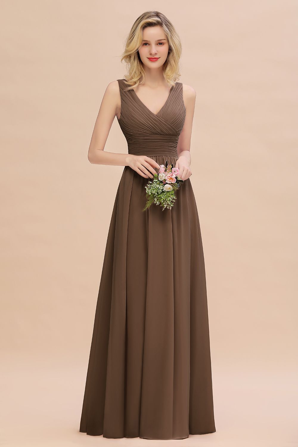 Elegant A-line V-Neck Ruffles Long Bridesmaid Dress