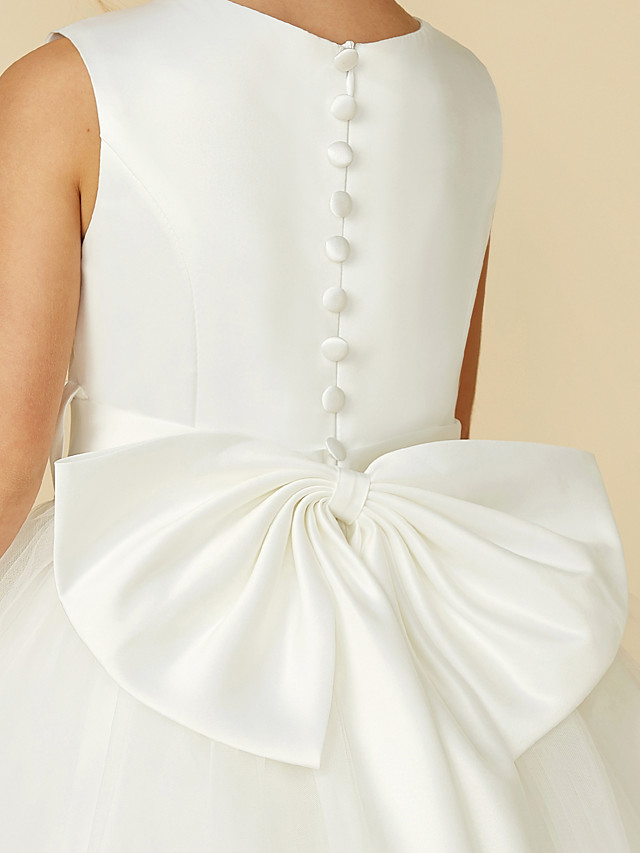 A-Line Floor Length Wedding / First Communion Flower Girl Dresses - Satin / Tulle Sleeveless Jewel Neck With Bow(S) / Buttons