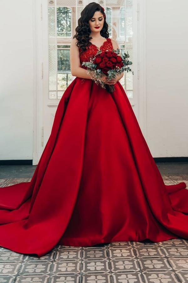 Luxury Long Red Ball Gown Satin V-neck Wedding Dresses with Lace