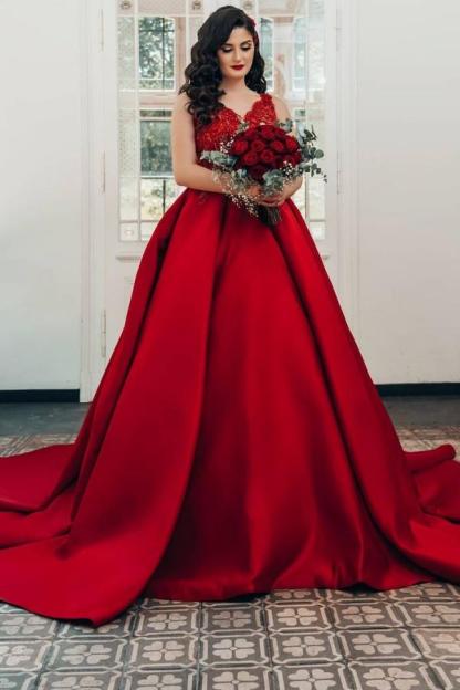 Luxury Long Red Ball Gown Satin V-neck Wedding Dresses with Lace
