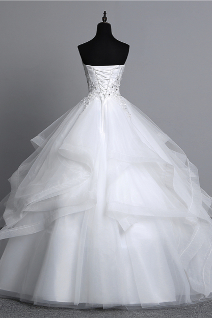 Gorgeous Long Ball Gowns Strapless Tulle Layers Wedding Dress Appliques Beadings