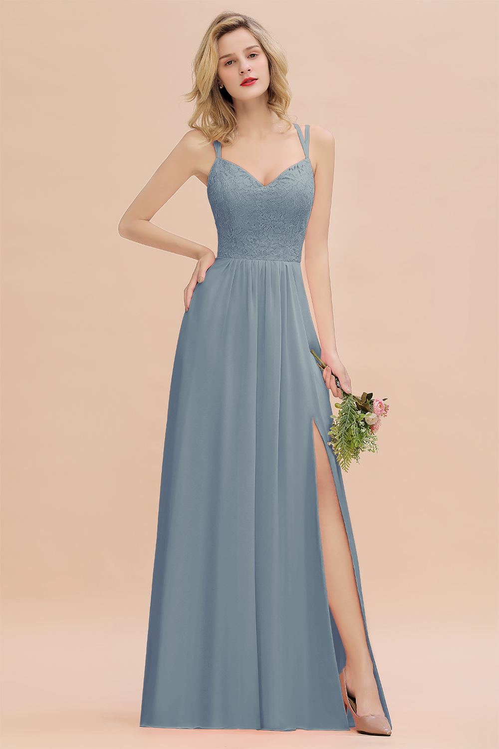 Beautiful A-Line Chiffon Spaghetti Straps Sweetheart Floor Length Split Bridesmaid Dress